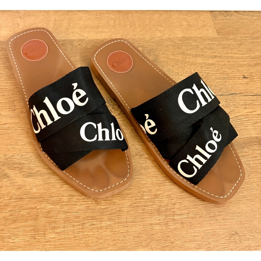 Chloé Woody Black Logo Ribbon Flat Slide Sandals Tan Leather EU 41 10.5